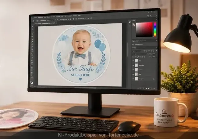 Bildbearbeitung eines runden Foto-Tortenauflegers zur Taufe mit Babybild und Text am PC-Monitor.